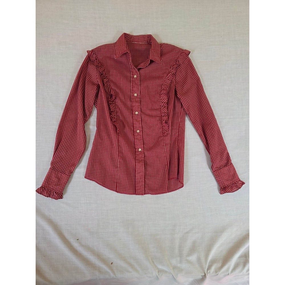 Vintage 70s Western Ruffle Gingham Snap Button Shirt Red White Medium Cowgirl